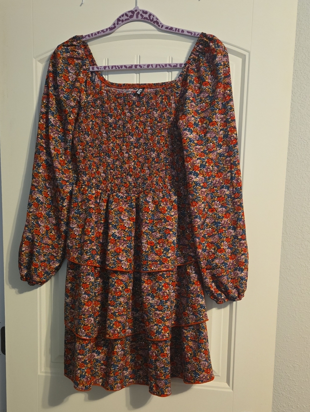 Smocked Square-Neck Floral Tiered Mini Dress in Orange Multi